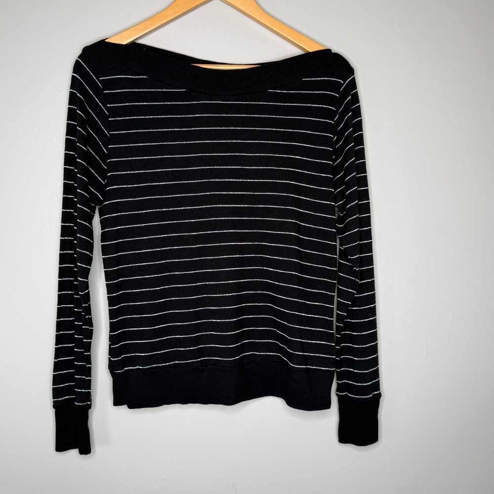 Lulu-B Black Metallic Silver  XS Striped Boatneck Long Sleeve Knit Top Sweater